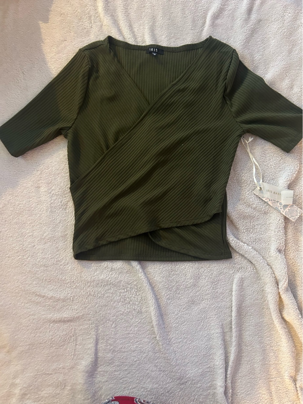 iris Olive Green Ribbed Wrap Top